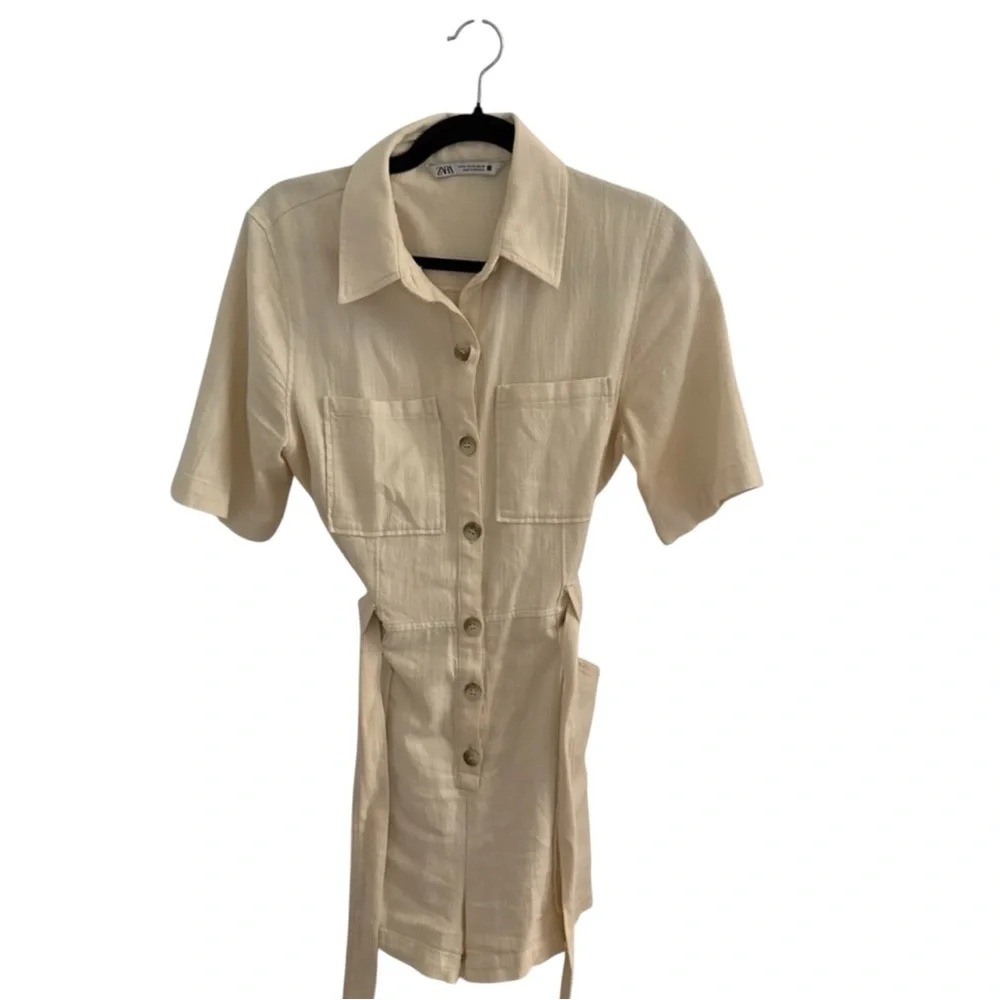 Zara linen Beige Utility Belted Romper Short Sleeve Size M